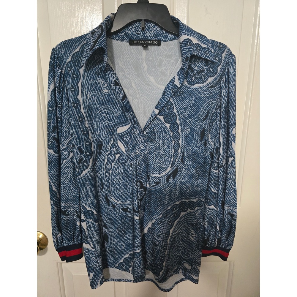 Julian Chang Womens Blue Paisley V-Neck Blouse Striped Cuffs Size S